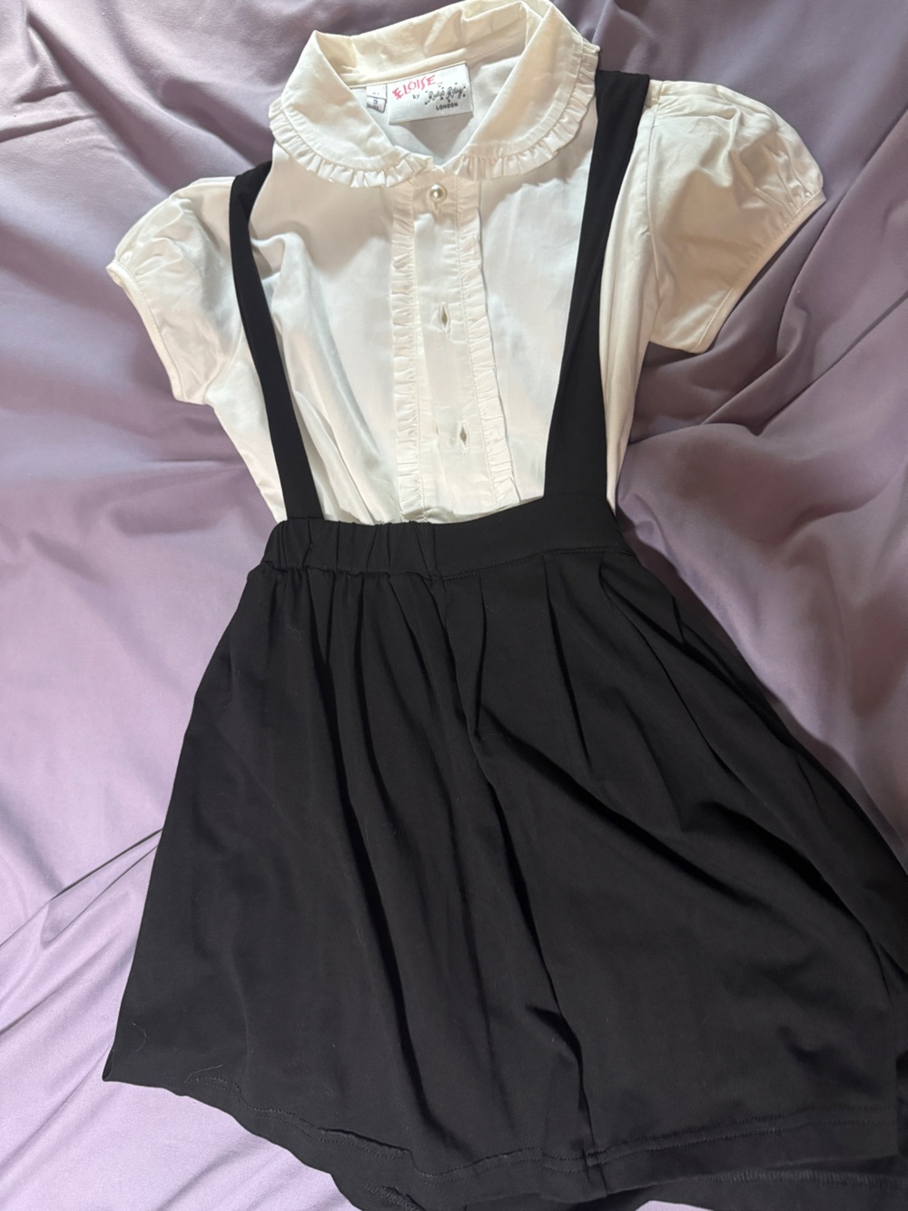 Rachel Riley Eloise Outfit- Black Suspender Skirt with White Ruffled Blouse